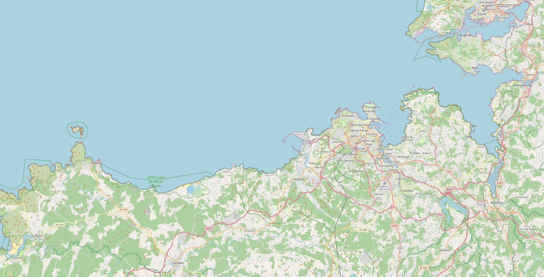 Mapa de la zona de trabajo: A Coruña, Oleiros, Culleredo, Cambre, Arteixo, Sada, Carballo y Ferrol