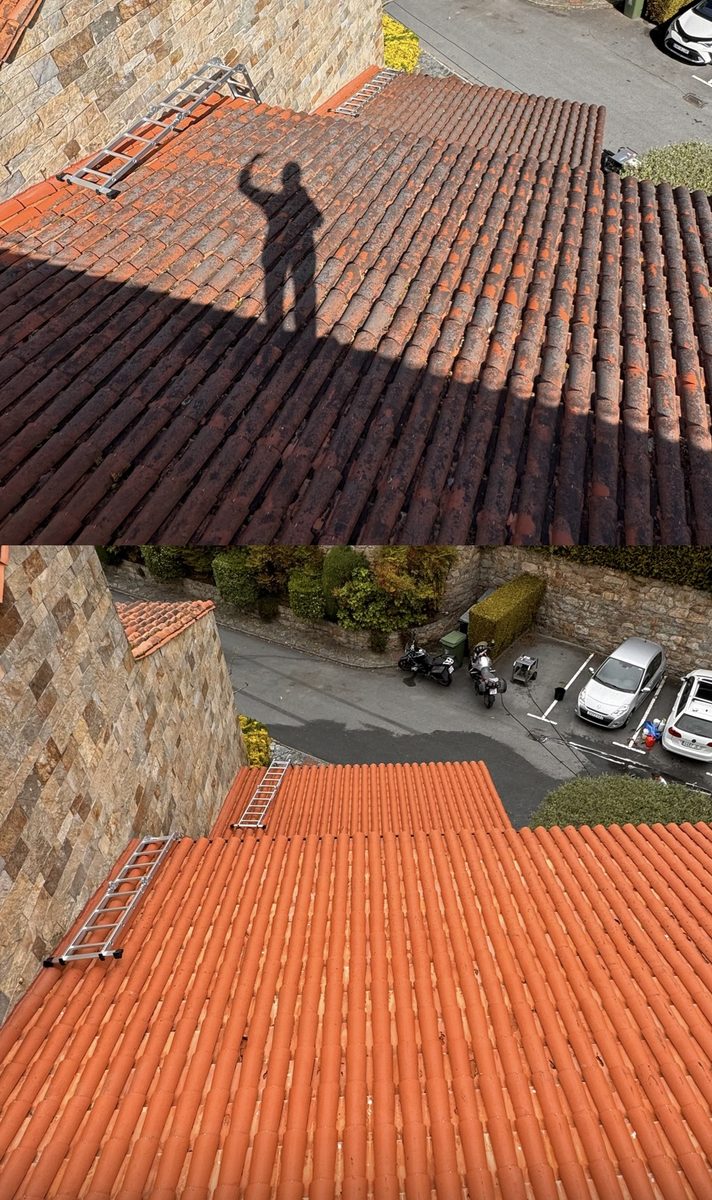 Tejado de teja antes y después de la limpieza